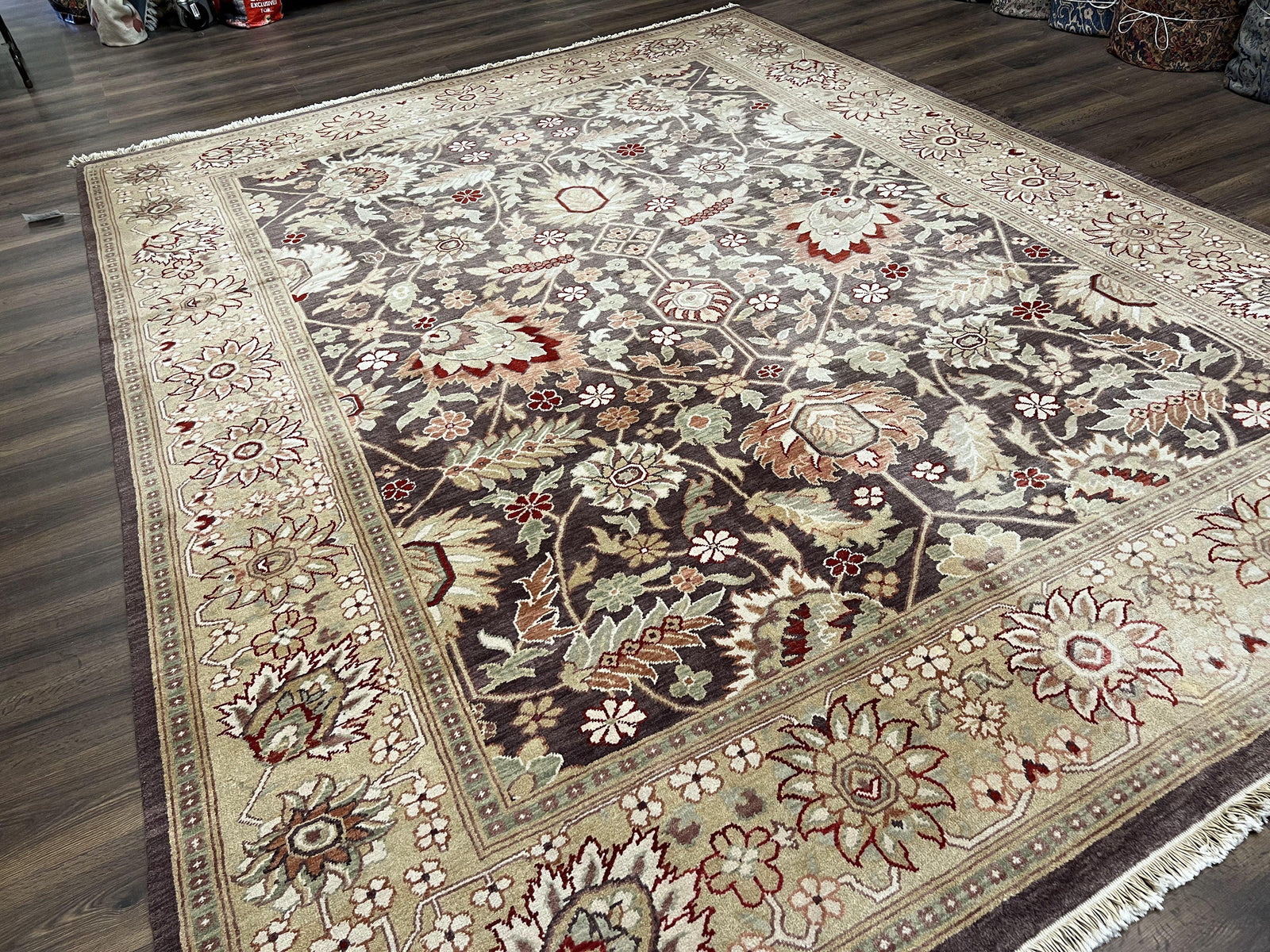 Vintage Indian Rug 9x12, Sultanabad Area Rug 9 x 12, Wool Hand Knotted Living Room Oriental Carpet, Eggplant and Khaki Color, Teawashed Rug