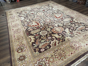 Vintage Indian Rug 9x12, Sultanabad Area Rug 9 x 12, Wool Hand Knotted Living Room Oriental Carpet, Eggplant and Khaki Color, Teawashed Rug