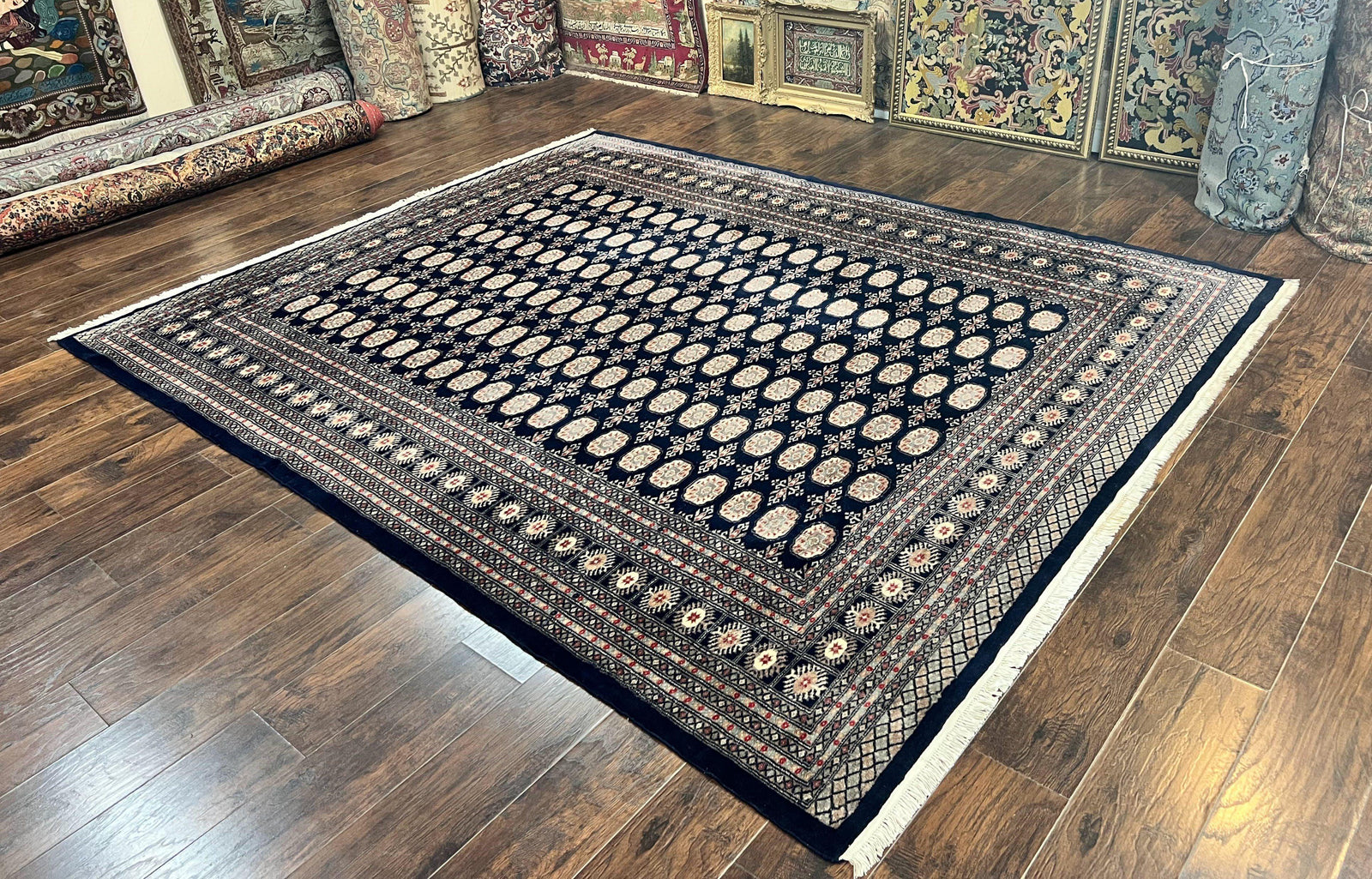 Pakistani Bokhara Rug 8x10, Turkoman Carpet, Dark Blue and Beige, Vintage Handmade Wool Carpet