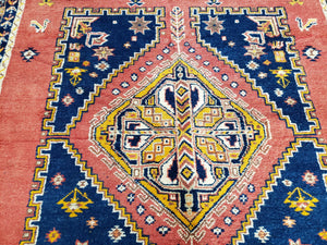 Vintage Moroccan Rug 6.6 x 9.8 ft, Tribal Bohemian Wool Hand-Knotted Carpet, 1950s Moroccan Rug, Salmon Red and Navy Blue, Room Sized Rug