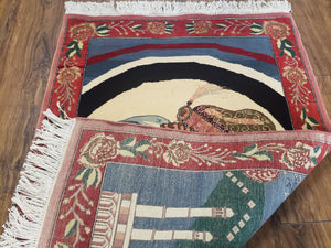 Vintage Small Pictorial Lovers Rug 2.5 x 4, Taj Mahal Indo Persian Rug, Wool Hand-Knotted Indian Rug, King & Queen, Layla and Majnun