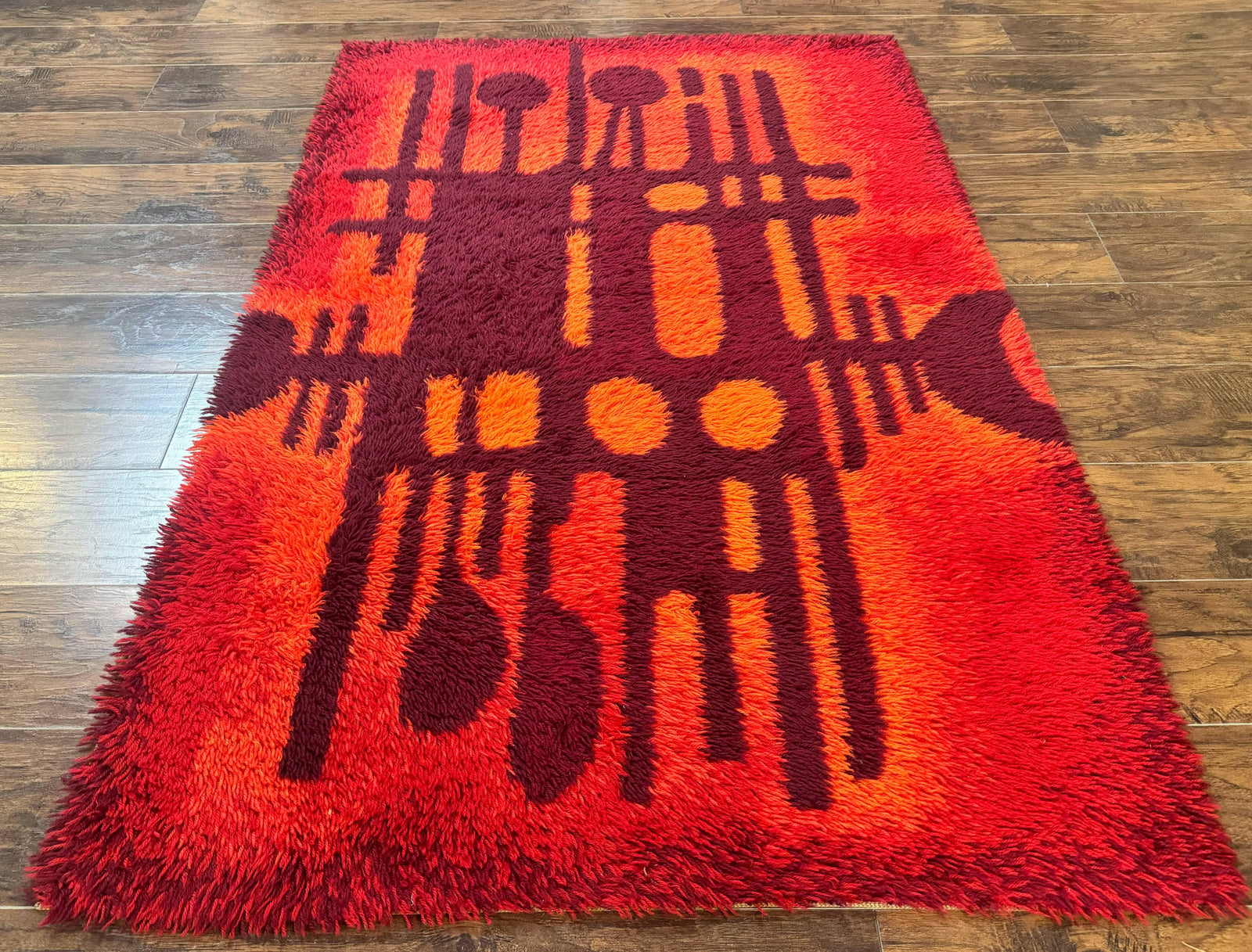 Danish Rya Shag Rug 4x6, Red Vintage Mid Century Retro Abstract Shag Rug
