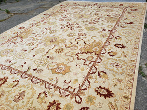 Vintage Oushak Area Rug, Hand-Knotted, Wool, Cream Beige Maroon, 10x15 Rug, 10x14 Rug, Large Oriental Carpet