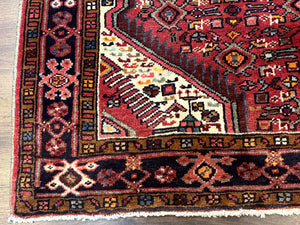 Persian Hamadan Rug 4x7, Tribal Village Malayer Carpet, Red and Ivory, Bohemian Antique