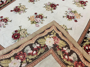 Portuguese Needlepoint Rug 8x9, Vintage Rug 8 x 9 ft, Ivory Dark Brown Hand-Woven Wool Portuguese Carpet, European Rug