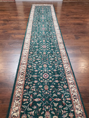 Extra Long Runner Rug 24 ft, Skinny & Long Rug for Hallway Corridor 2.6 x 24 Indo Persian Vintage Wool Rug Green and Cream Handmade Oriental