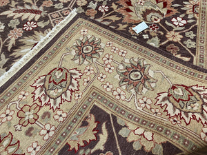 Vintage Indian Rug 9x12, Sultanabad Area Rug 9 x 12, Wool Hand Knotted Living Room Oriental Carpet, Eggplant and Khaki Color, Teawashed Rug