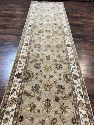 Peshawar Runner Rug 3 x 20, Wool Hand Knotted Vintage Pakistani Carpet, Olive Green & Ivory, Extra Long 20ft Hallway Runner, Floral