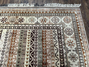 Striped Turkish Anatolian Rug 6x7 Almost Square Shaped Carpet Handmade Vintage Oriental Rug, Living Room Rug, Neutral Colors Cream, Wool Rug