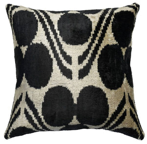 Handmade Black & Ivory Velvet Pillow – 24x24" Silk Ikat Cushion