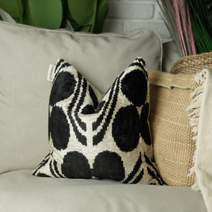 Handmade Black & Ivory Velvet Pillow – 24x24" Silk Ikat Cushion