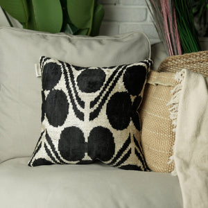Handmade Black & Ivory Velvet Pillow – 24x24" Silk Ikat Cushion