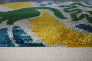 Canvello Green Yellow Blue Handmade 16x24 Silk Velvet Pillow, Organic Veg Dyed, Down/Feather Filled