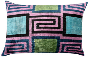 Canvello Handmade Geometric Velvet Throw Pillow with Vibrant Pink Blue Green - Perfect for Modern Interiors - 16x24 in