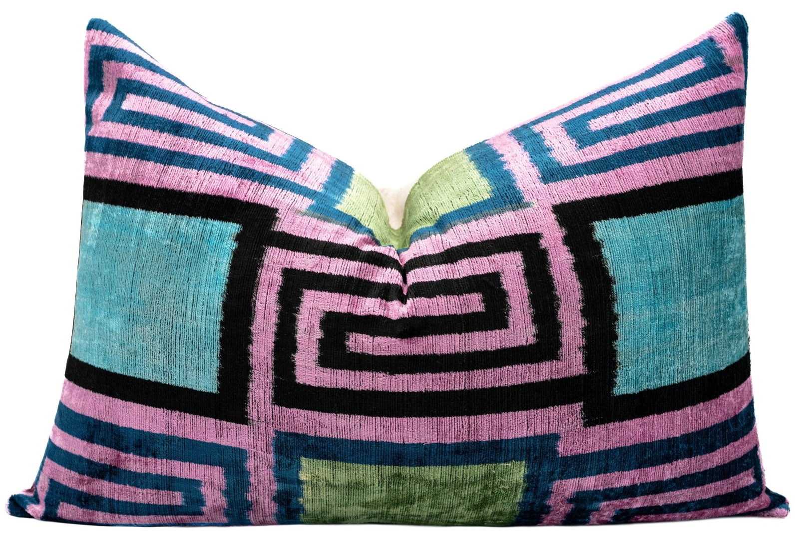 Canvello Handmade Geometric Velvet Throw Pillow with Vibrant Pink Blue Green - Perfect for Modern Interiors - 16x24 in