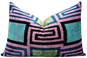 Canvello Handmade Geometric Velvet Throw Pillow with Vibrant Pink Blue Green - Perfect for Modern Interiors - 16x24 in