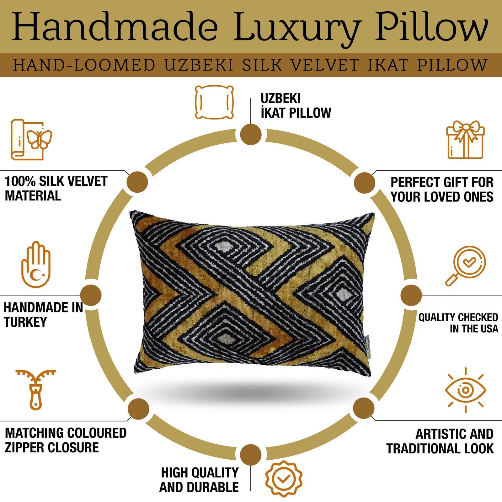 Canvello Handmade Luxury Gold Black Pillow with Down Insert - 16x24 in
