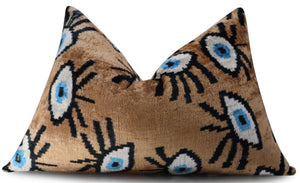 Canvello Handmade Luxury Handmade Velvet Silk Evil Eye Throw Pillow With Down Insert- 16x24 in
