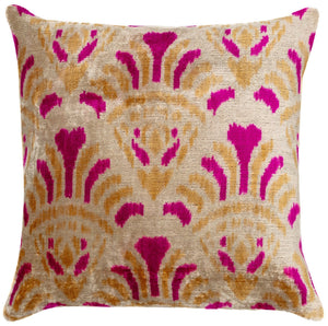 Canvello Handmade Pink and Gold Floral Design Throw Pillow - 16x16 inch, Silk Velvet, Vegetable Dyed with Premium Down Feather Insert
