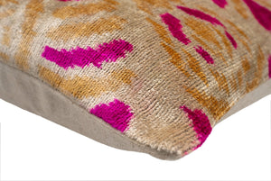 Canvello Handmade Pink and Gold Floral Design Throw Pillow - 16x16 inch, Silk Velvet, Vegetable Dyed with Premium Down Feather Insert