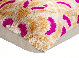 Canvello Handmade Pink and Gold Floral Design Throw Pillow - 16x16 inch, Silk Velvet, Vegetable Dyed with Premium Down Feather Insert