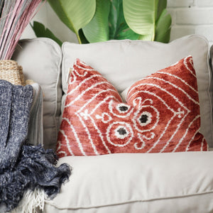 Canvello Handmade Red Brown Floral Throw Pillow with Down Insert -16"X24"