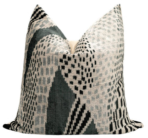 Canvello Handmade Silk Velvet Throw Pillow with Down Feather Insert – Geometric Black and Grey Design - 24"x24"