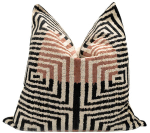Canvello Handmade Silk Velvet Throw Pillow with Down Feather Insert – Maze Pattern in Black, Grey, and Terracotta - 22"X22"