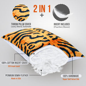 Canvello Handmade Tiger Print Velvet Throw Pillow with Down Insert - 16X24 in