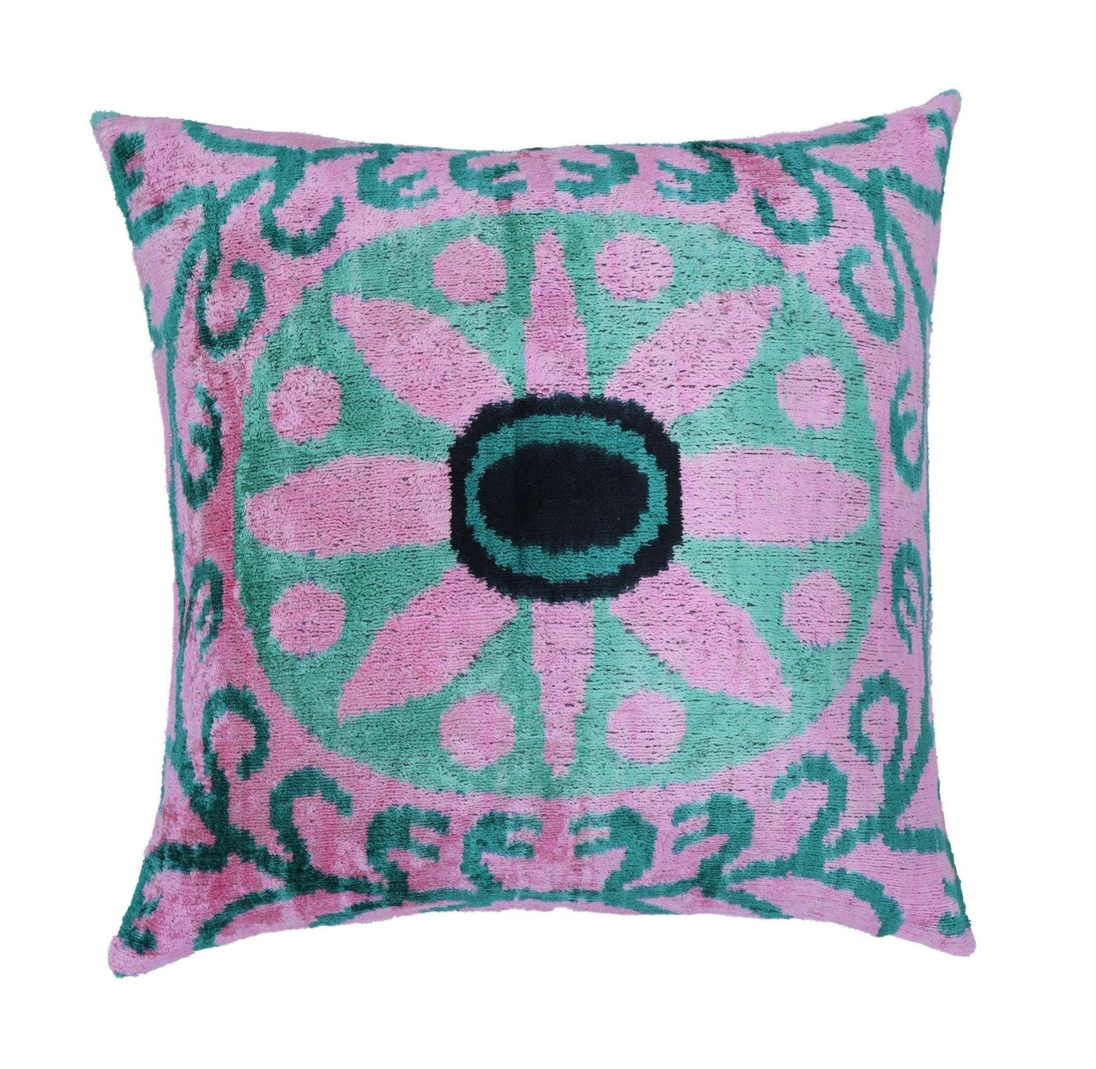 Canvello Handmade Velvet Green And Pink Pillow | 20 x 20 in (50 x 50 cm)