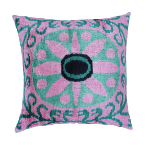 Canvello Handmade Velvet Green And Pink Pillow | 20 x 20 in (50 x 50 cm)