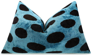 Canvello Handmade Velvet Lumbar Pillow in Blue and Black Polka Dot Design - High-Quality 16x24 Inch Decorative Accent with Premium Down Feather Insert