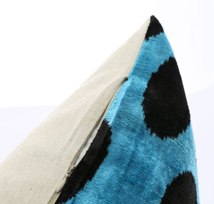 Canvello Handmade Velvet Lumbar Pillow in Blue and Black Polka Dot Design - High-Quality 16x24 Inch Decorative Accent with Premium Down Feather Insert