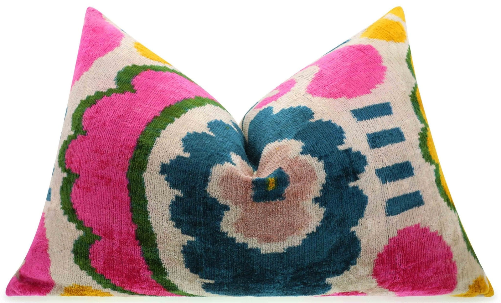 Canvello Handmade Velvet Lumbar Pillow in Bright Pink, Teal, and Yellow Floral Ikat Design - High-Quality 16x24 Inch Decorative Accent for Sofas, Couches, and Interior Design