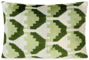 Canvello Handmade Velvet Lumbar Pillow in Green and Cream Ikat Design - High-Quality Decorative Accent with Premium Down Feather Insert