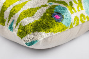 Canvello Luxurious 16x24 Handmade Velvet Silk Pillow with Premium Down Feather Insert - Elegant Green and Blue Patterned Design