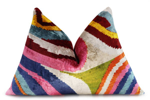 Multicolor Rainbow Silk Velvet Pillow 16x24 Handmade Luxury Cushion
