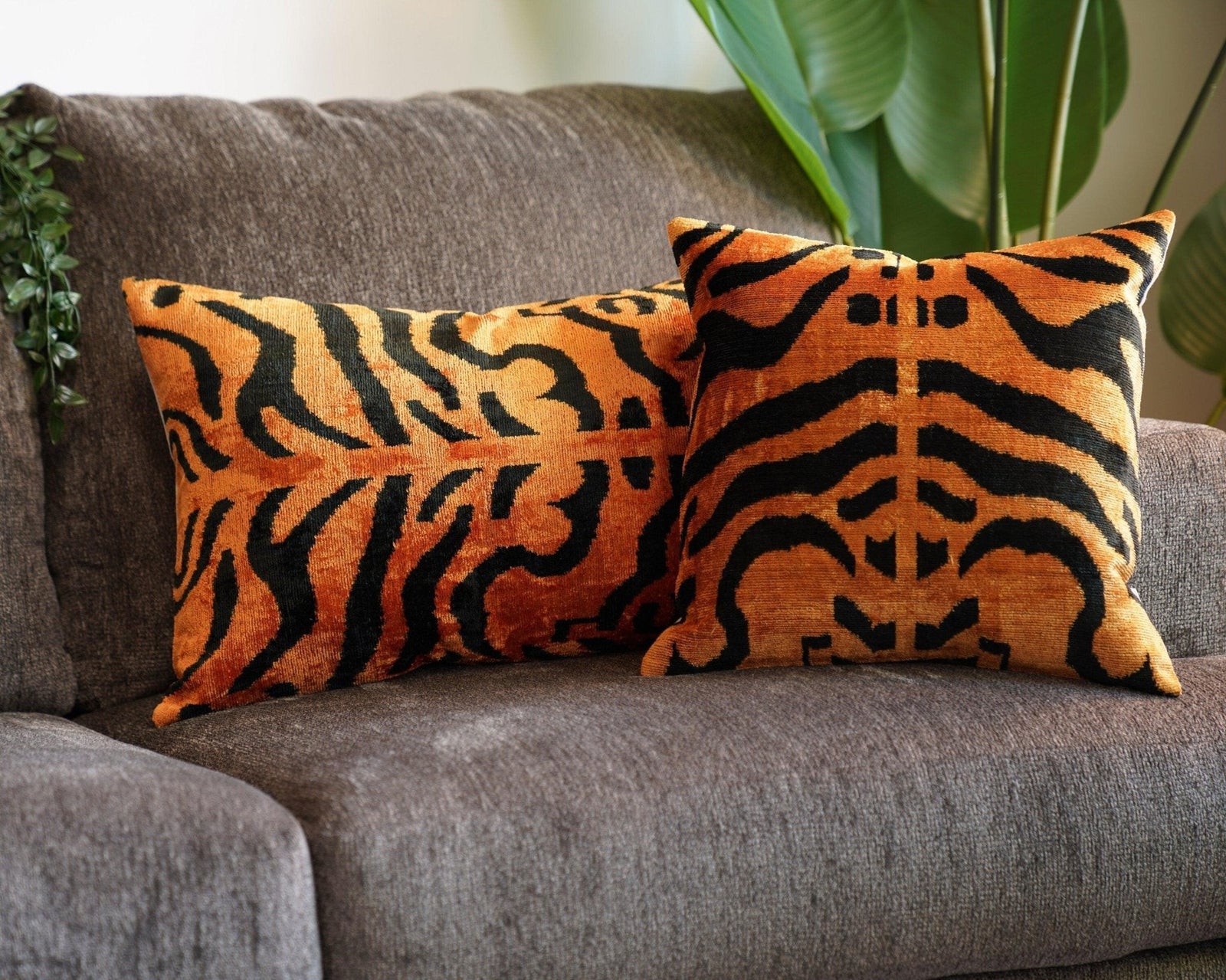 Canvello Tiger Print Burnt Orange Throw Pillow | 16x24 | 16x16 |Set of 2|