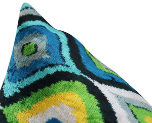 Canvello Yellow Blue Handmade 16x24 Silk Velvet Pillow, Organic Veg Dyed, Down/Feather Filled