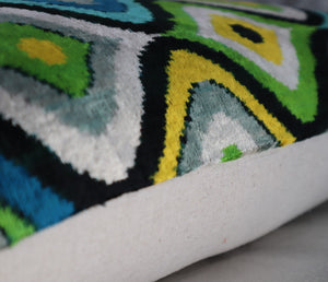 Canvello Yellow Blue Handmade 16x24 Silk Velvet Pillow, Organic Veg Dyed, Down/Feather Filled