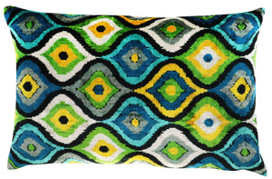 Canvello Yellow Blue Handmade 16x24 Silk Velvet Pillow, Organic Veg Dyed, Down/Feather Filled