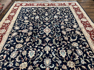Indo Perisan Rug 9x12, Floral Allover, Midnight Blue and Dark Red Room Sized Carpet 9 x 12 ft, Hand Knotted Wool Vintage Indian Oriental Rug