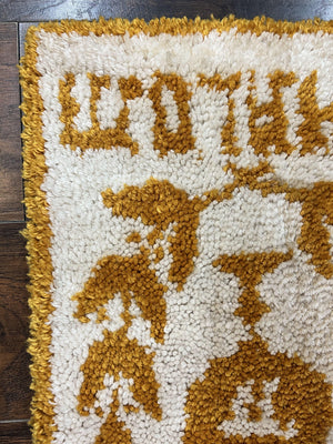 Unique Judaica Wall Hanging Rug 1.5 x 4, Shalom Menorah Jewish Star Kiddush Cup Chai Wall Hanging, Vintage, Wool, Ivory and Orange