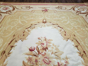 Aubusson Rug 10x13, Savonneire Carpet 10 x 13 ft, Handmade Vintage Flatweave Room Sized Wool Floral Aubusson, Cream/Tan Ivory Reds Pinks