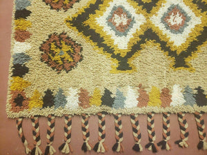 Portuguese Rya Style Shag Rug Moroccan Design, 4x6 Vintage Colorful Geometric Rug, Handmade Wool Gold Tan, Soft Pile Rug