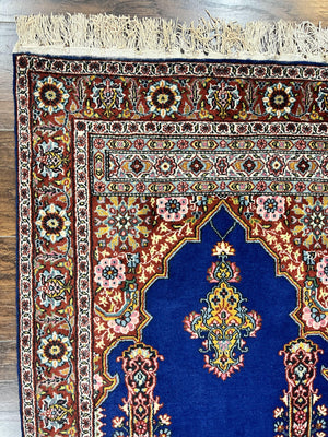 Indo Persian Prayer Rug 3x5, Fine Oriental Carpet, Dark Blue and Red, Vintage Hand Knotted Handmade Prayer Rug