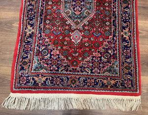 Indo Persian Bidjar Runner Rug 3 x 18.6, Red Navy Blue, Long Runner, Wool Oriental Carpet