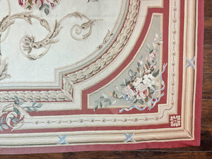 Large Aubusson Rug 10x14, Elegant French European Floral Design, Vintage Handmade Wool Room Sized Carpet, Ivory