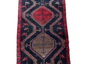 3 X 7 Handmade Wool Tribal Runner Rug Geometric Red Blue Boho Organic Dyes