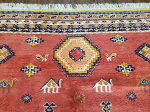 Vintage Moroccan Rug 6.6 x 9.8 ft, Tribal Bohemian Wool Hand-Knotted Carpet, 1950s Moroccan Rug, Salmon Red and Navy Blue, Room Sized Rug